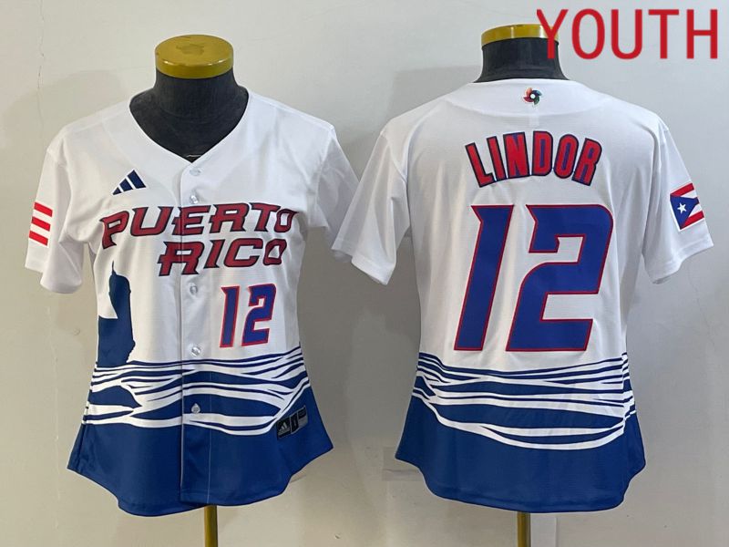 Youth 2023 World Cub Puerto Rico 12 Lindor White MLB Jersey7